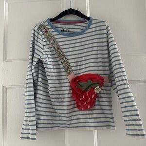 Boden Kids 6/7 Blue and White Striped Long Sleeve with Strawberry Accent